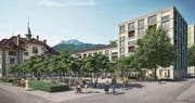 So soll der Gemeindehausplatz Kriens mit der Überbauung Lindenpark dereinst aussehen. (Bild: Visualisierung: PD)