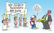 Einige Kinder in Lauerz wollen sich mit einer Demonstration für den geplanten Spielplatz einsetzen. (Karikatur Jals/Neue LZ)