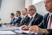 Der Regierungsrat bei der Vorstellung der Sparmassnahmen am Mittwoch. (Bild: Nadia Schärli (Luzern, 28. Juni 2017))