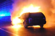 Das Auto geriet nach einem Selbstunfall in Brand. (Bild Luzerner Polizei)