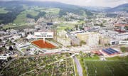 Die Pilatus-Arena soll neben der geplanten Mobimo-Überbauung bei der S-Bahn-Haltestelle Mattenhof entstehen. (Bild: Visualisierung: PD)