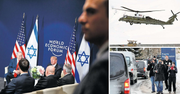 Alle Augen auf Trump: zuerst bei der Landung in Davos (rechts oben), dann bei seiner Ankunft im Hotel Intercontinental (rechts unten) und zuletzt im Gespräch mit Israels Ministerpräsidenten Benjamin Netanjahu. (Bilder: Evan Vucci/AP, Gian Ehrenzeller/Keystone, Carlos Barria/Reuters (Davos, 25. Januar 2018))