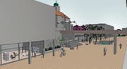 So könnte das Zentrum von Ebikon ohne Zentralstrasse aussehen – diese soll im Untergrund verschwinden. (Bild: Visualisierung PD)