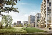Die Visualisierung zeigt den Stadtteil beim zentralen Park an der alten Lorze, der die Verbindung zum Riedmatt-Quartier herstellen soll. Bild: (Bild: PD)