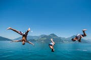 Die heissen Temperaturen haben am Mittwoch, wie hier im Vierwaldstättersee, zum Sprung ins kühle Nass eingeladen. (Bild: Keystone)