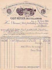 Briefpapier «Kirschwasser-Liqueur- & Obstbranntwein-Handlung, Casp. Keiser, Destillateur», 27. Juni 1906: Man warb für gute Kirschwasser. (Bild: Privatarchiv Oskar Rickenbacher, Zug)