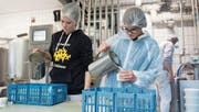 Milchtechnologin Julia Scherer (links) füllt mit Marina Wicki Sauerrahm in Gläser ab. (Bild: Boris Bürgisser (Meierskappel, 29. November 2017))