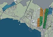 Die Zonen des Hochhausreglements. Blau: bis 50 Meter; Orange: bis 60 Meter; Grün: 60 Meter/punktuell 80 Meter. (Bild: PD)