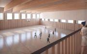 Innenansicht der neuen Zweifachturnhalle in Schenkon. (Bild: Visualisierung: PD)