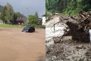 Strassen in Obernau sind überflutet, die Strasse ins Eigenthal ist verschüttet. (Bilder: Leserreporter Pascal Lustenberger / René Meier, luzernerzeitung.ch)