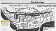Das Projekt Musegg-Stollen Luzern von 1960 mit Ost-West-Verbindung in Autobahnbreite. Planskizze des Luzerner Architekten A. Boyer. (Bild: NZZ-Artikel vom 27. Mai 1960)