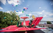 Team Amanita Muscaria von Luzern während des Red Bull Flugtags auf der Landiwiese in Zürich am Samstag. (Bild: Romina Amato (Red Bull))