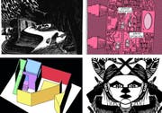Werke von Lorenzo Mattotti, Tom Gauld, Caroline Sury und Seico (von oben links im Uhrzeigersinn) sind am Fumetto 2016 in Luzern zu sehen. (Bilder Fumetto)