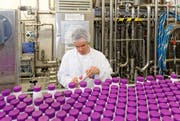 Ein Mitarbeiter der Emmi prüft eine Flasche des Jogurtdrinks «Good Day». (Bild: PD)