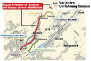 So sehen die Varianten für die Umfahrung Emmen aus. (Bild: Quelle: Maps4news.com/navteq, Grafik: jn/ls)