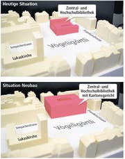 Ein Modell des Kantons zeigt, was es bedeuten würde, wenn am Standort der heutigen ZHB für einen Neubau die Baulinien und die Bauhöhe bis zum Maximum ausgereizt würden. (Bild: Neue LZ)