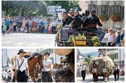 Vielfalt am Festumzug des Ruswiler Kavallerie-Reitvereins: Die Feuerwehr sorgt für Abkühlung (grosses Bild), die Säumer (links) und das Heufuder erinnern an ehemalige Einsatzbereiche der Pferde. (Bild Corinne Glanzmann)