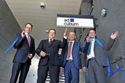 Holger Rommel (COO), René Janesch (CEO), Daniel Wenger (CMO) und Niederlassungsleiter Oliver Felder (von links) bei der feierlichen Eröffnung der Adcubum-Niederlassung in Luzern. (Bild: Dominik Wunderli / Neue LZ)