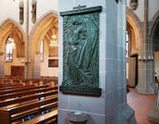 Die kunstvolle Gedenktafel mit Relief und Widmungsinschrift in der Oswaldkirche hat der Neffe des Geehrten im Jahre 1930 anfertigen lassen. Die Tafel ist am vorderen Pfeiler im rechten Seitenschiff angebracht.