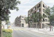 Die Visualisierung des Siegerteams aus dem Architekturwettbewerb, die Luzerner Architekten ro.ma roeoesli & maeder gmbh, zeigt, wie das Hünenberger Dorfzentrum in Zukunft aussehen könnte. (Bild: Visualisierung: PD)