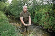 Philipp Amrein, Fachleiter Jagd und Fischerei, mit toten Fischen. (Bild: Corinne Glanzmann (Ruswil, 21. Juli 2017))