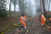 Die Lernenden beim Ersetzen von Holzschwellen der Krienser Sonnenbergbahn. (Bild: pd)