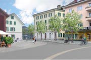 Der Dorfkern wie er einst aussehen soll: Zu sehen sind die Gebäude Gallusstrasse 5 (von links), Gallusstrasse 7, das Restaurant Krienserhalle und die Papeterie Birrer. (Bild: Visualisierung PD)