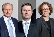 Sie treten zum 2. Wahlgang an (von links): Paul Winiker (SVP, neu), Marcel Schwerzmann (parteilos, bisher) und Felicitas Zopfi (SP, bisher). (Bilder Neue LZ)