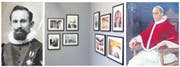 Fotografie des jungen Robert Schiess in Gardeuniform (links). Die Teilausstellung im Kunstkubus Cham (Mitte). Porträt von Papst Pius XII., für dessen Hände der Zuger Gardist Adolf Karlen «Modell» stand (rechts). (Bilder: Andreas Faessler (Cham, 5. Oktober 2016)/PD)