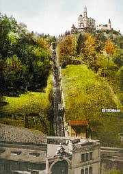 Die Gütsch-Bahn mit Talstation auf einer Postkarte um 1910. (Bild: Keystone)