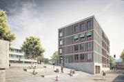 Das neue fünfgeschossige Schulhaus soll zwischen 2016 und 2018 gebaut werden. (Bild: Visualisierung PD)