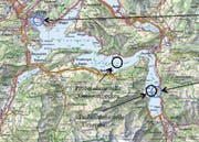 Die Karte mit den Probenahmestellen (schwarze Ringe) und den Seewasserfassungen (blaue Kreise). (Bild: PD)