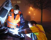 Mit gekonnten Handgriffen werden die defekten Beleuchtungskörper repariert (Bild: Luzerner Polizei)