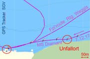 Die Route, welche das Motorschiff Diamant am 7. Dezember nahm, und der Unfallort. (Bild: SGV)