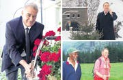 Drei Bilder aus der Biografie «Dölf Ogi»: Beim Erfrischen an einem Brunnen im Jahr 2012 (links), die legendäre Neujahrsansprache (1. Januar 2000) und beim Wandern mit Kofi Annan im Jahre 2000. (Bilder Ex-Press / Keystone)