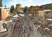 Pavillon, Markt, Boulevard-Café: So könnte der Ebikoner Pfarreiheimplatz beim «Löwen» künftig aussehen.Visualisierung: PD