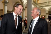 Der neu gewählte SVP-Regierungsrat Paul Winiker (rechts) dürfte Justiz- und Sicherheitsdirektor werden, Regierungspräsident Reto Wyss (CVP) möchte Bildungsdirektor bleiben. (Bild Nadia Schärli)