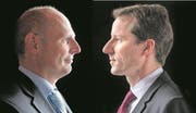Duell um das Fraktionspräsidium der SVP: Alfred Heer (links) gegen Thomas Aeschi. (Bilder: Daniela Friedli und Patrick Lüthy / EQ)