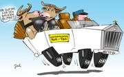 «Interkantonales Kuh-Taxi»: «Ob sich das für die Bauern rechnet?» (Karikatur Jals/Neue LZ)