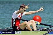Der 6. September 2015 im französischen Aiguebelette: Der Schweizer Leichtgewichts-Vierer mit Lucas Tràmer... (Bild: AP / Laurent Cipriani)
