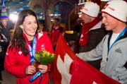 Dominique Gisin beim Empfang im House of Switzerland. (Bild: Keystone)