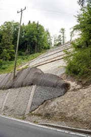 Im Bild ist die fertige Hergiswald Hangsicherung. Hier ein Blick von unten mit dem Reifenstapel im Vordergrund. (Bild: Roger Grütter/LZ (Kriens, 13.07.2017))