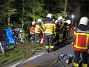 Am Baum steht der Unfallwagen (hinten links). Die Feuerwehr-Einsatzkräfte transportieren den Verletzten ab. (Bild: PD/FFZ)