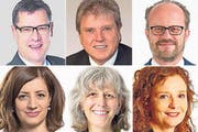 Die Fraktionschefs im Luzerner Kantonsrat (jeweils von links): Ludwig Peyer (CVP), Guido Müller (SVP), Andreas Moser (FDP), Yivete Fanaj (SP), Monique Frey (Grüne) und Michèle Graber, GLP. (Bilder: PD)