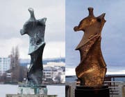 Man muss einräumen: Der «Zwilling» der Moore-Plastik in San Sebastián (r.) macht einen etwas frischeren Eindruck. (Bilder Stefan Kaiser/Nicole Maack)