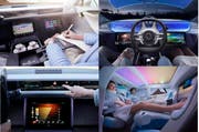 So sieht das Autofahren der Zukunft aus (von oben links im Uhrzeigersinn): Arbeiten während des Fahrens; Hände frei, das Auto fährt autonom, Relaxen - und das Auto fährt; das Auto reagiert auf Infos. (Bild: PD)