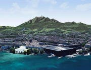 Am Standort Inseli rüttelt das Stadtparlament nicht mehr: Die Fotomontage zeigt die Salle Modulable (links in Weiss) neben dem KKL. (Bild: Visualisierung PD)