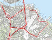 Der TCS schlägt ein Grosskreisel von Bahnhof, zum Pilatusplatz und via Pauluskirche zum Bahnhof zurück und ein kleinerer Kreisel vom Bahnhof via Inseli und Langensandbrücke zurück zum Bahnhof vor. (Bild: Grafik: TCS)