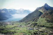Ansicht des Talkessels in Richtung See mit Visualisierung des Turms. (Bild: pd)