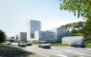 Blick von der Luzernerstrasse Richtung Kriens: Rechts die Konturen eines bestehenden Gebäudes der Brauerei Eichhof, dahinter am Sonnenberg die Häuser von Anwohnern. Die anderen Bauten sind Teil von Eichhof West. (Bild: Visualisierung Raumgleiter GmbH Zürich)